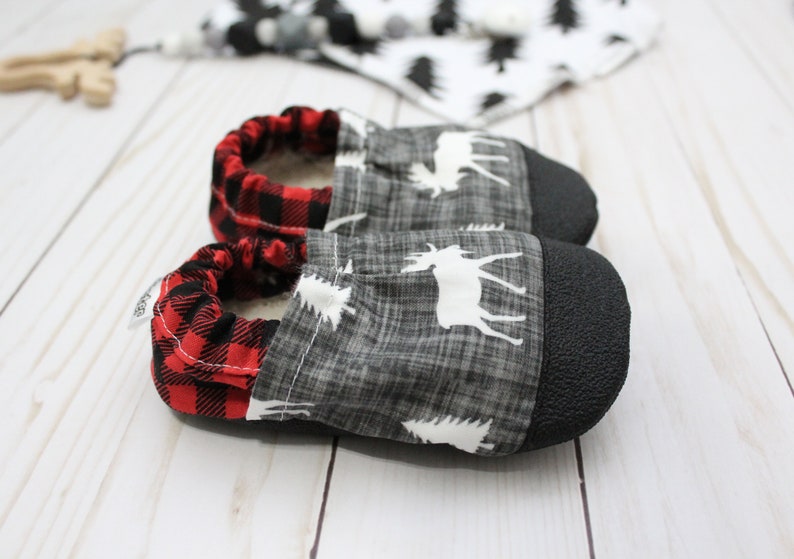 kids moose shoes moose baby booties buffalo plaid shoes new baby gift kids moose slippers baby shower gift buffalo check shoes image 3