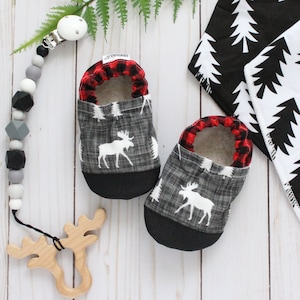 kids moose shoes - moose baby booties - buffalo plaid shoes - new baby gift - kids moose slippers - baby shower gift - buffalo check shoes