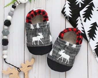 kids moose shoes - moose baby booties - buffalo plaid shoes - new baby gift - kids moose slippers - baby shower gift - buffalo check shoes