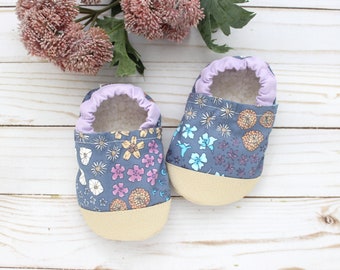 blue floral baby shoes - flower slippers - vegan soft sole baby shoes - baby shower gift -periwinkle baby shoes - garden baby shower gift