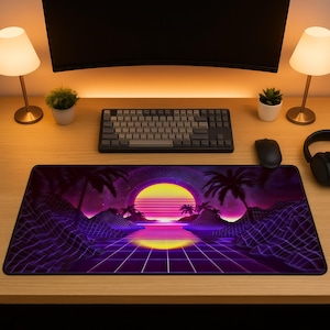 Vaporwave Mouse Pad, Retro Gaming Mouse Pad, Neon Sunset Desk Mat, Synthwave XXL Desk Mat, Purple Aesthetic Gamer Gift