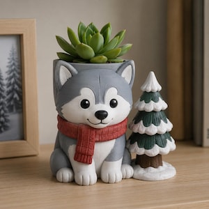 Vaso para plantas em formato de Husky, impresso em 3D e pintado à mão, ideal para suculentas no inverno.