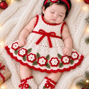 May include: A cream-colored crochet dress with a red trim, a red bow at the waist, and red and white flower appliqués with green leaves along the hem. The set includes a matching red crochet headband with a flower and a pair of cream crochet booties.