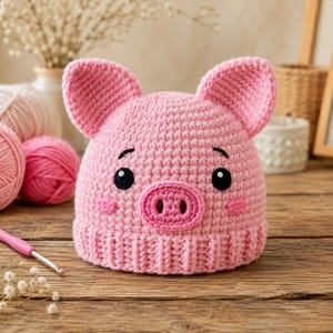 May include: A light pink crocheted beanie featuring two upright pig ears, a prominent snout, black embroidered eyes, and small pink cheek details. The hat has a ribbed brim and is crafted from yarn, showcasing a textured, handmade appearance.