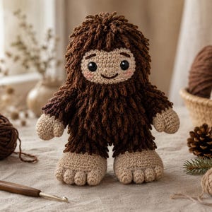 May include: A handmade crochet plush toy shaped like a brown creature with a shaggy texture, a round face, black eyes, and a small smile. The figure has light beige hands and feet with visible toe details, crafted from yarn with a fuzzy appearance.
