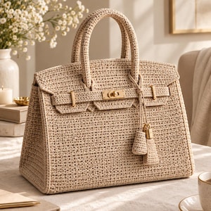Puede incluir: Un bolso de mano de ganchillo en color beige con silueta estructurada, dos asas superiores y un cierre giratorio de metal dorado. El bolso incluye una clochette de ganchillo a juego con un pequeño candado colgando de una de las asas.