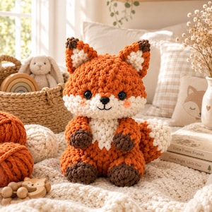May include: A crochet fox plush toy featuring a vibrant orange body, a white chest and face, dark brown paws, and dark brown ear tips. The fox has large black safety eyes, a small black embroidered nose, and soft pink blush on its cheeks.