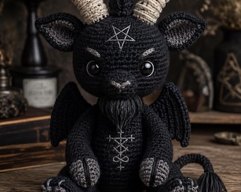Patrón de ganchillo de Baphomet en PDF / Patrón de amigurumi de vaca demonio / Peluche gótico de ganchillo / Juguete de demonio con cuernos / Manualidades de fantasía oscura