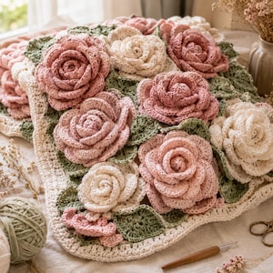 May include: A square crochet blanket featuring three-dimensional rose motifs in shades of dusty pink and cream, interspersed with sage green crocheted leaves. The blanket has a cream-colored border and is crafted with intricate yarn textures.