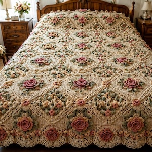 May include: A cream-colored crocheted bedspread featuring a repeating diamond pattern with three-dimensional pink rose motifs and sage green leaf accents. The edges are finished with a scalloped, intricate lace border throughout the entire piece.