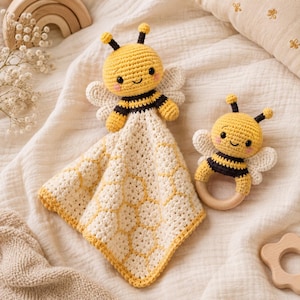 Virkmönster för honungsbi, mönster för babyfilt och skallra, babyshowerpresent, amigurumi-virkning i PDF-format
