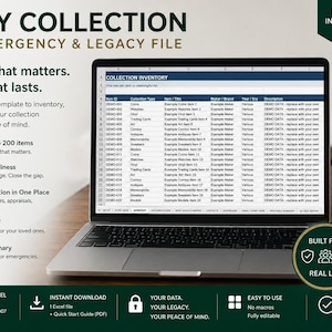 May include: A digital Excel template titled My Collection Emergency & Legacy File displayed on a laptop screen. The spreadsheet features columns for item ID, collection type, title, maker, year, and description. Includes text about inventory organization.