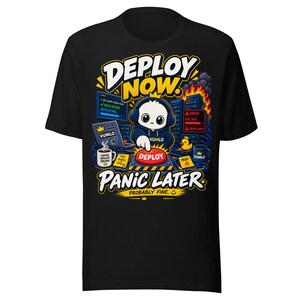 Puede incluir: Una camiseta negra con un gráfico de un personaje de dibujos animados presionando un botón rojo con la etiqueta DEPLOY. El texto dice DEPLOY NOW, PANIC LATER, PROBABLY FINE. El diseño incluye un portátil, servidores en llamas y un pato.