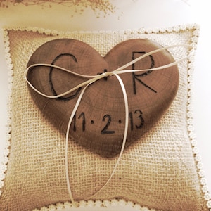 Rustic wedding ring bearer burlap pillow wooden heart country weddings