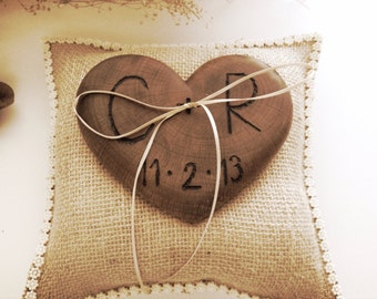 Rustic wedding ring bearer burlap pillow wooden heart country weddings