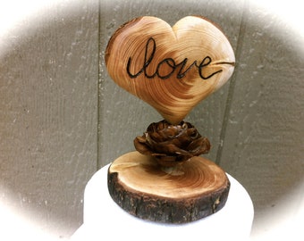 Rustic  Heart Wedding Cake Topper: Hand Carved