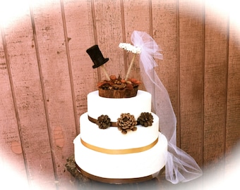 Rustic Fall Wedding Cake Topper with Pine Cones & Acorns