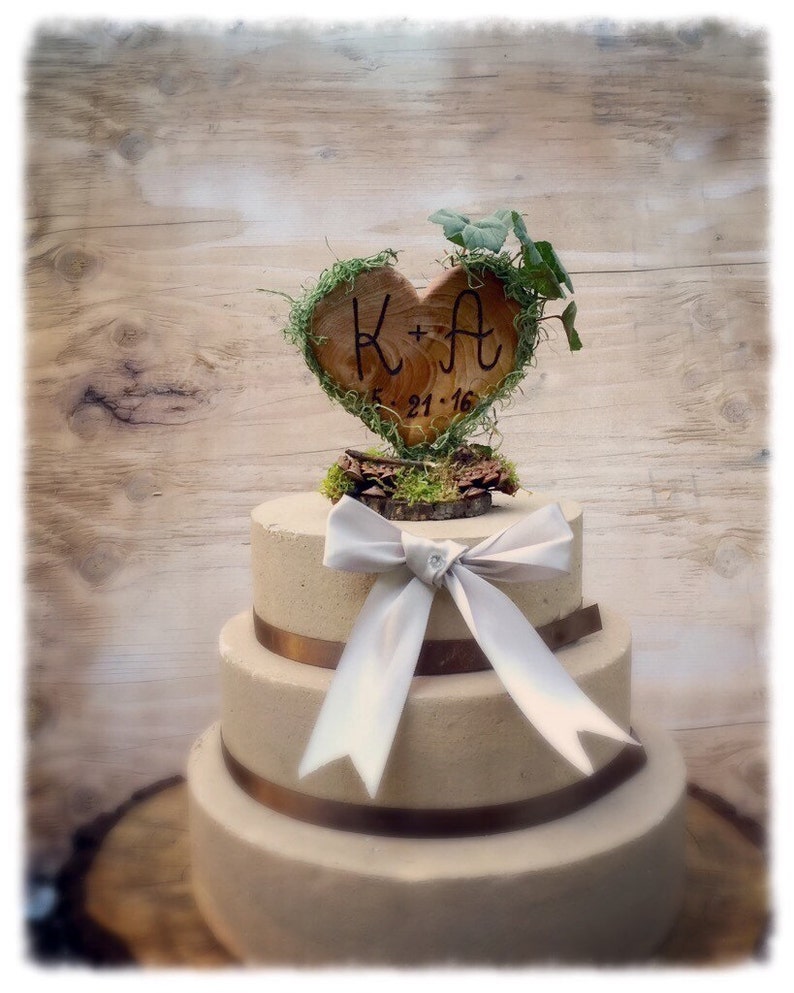 Green Moss Wedding Cake Topper Heart Wedding Cake Topper Wooden Heart Cake Topper Rustic Cake Topper Unique Wedding Cake Topper image 4