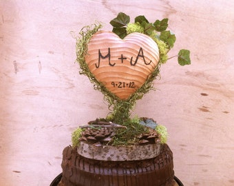 Rustic Cedar Heart Wedding Cake Topper: Moss & Pine
