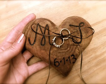 Rustic Wedding Ring Bearer Pillow - Ring Bearer - Wooden Heart Ring Bearer