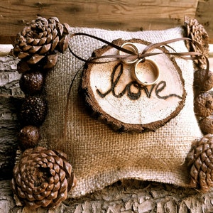 Rustic Wedding Ring Bearer Pillow, Pine Cone Wedding, Wedding Ring holder, Rustic Wedding, Fall Wedding image 2