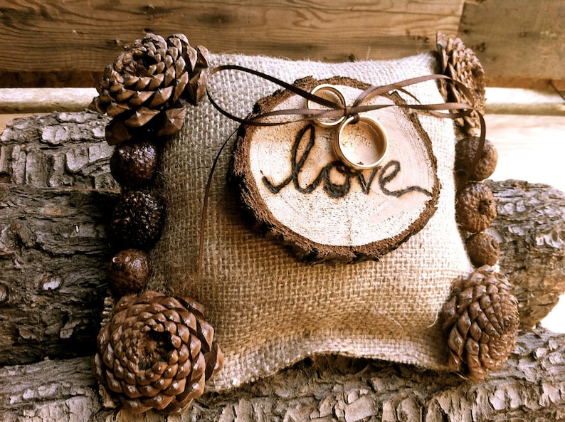 Rustic Wedding Ring Bearer Pillow, Pine Cone Wedding, Wedding Ring holder, Rustic Wedding, Fall Wedding image 2