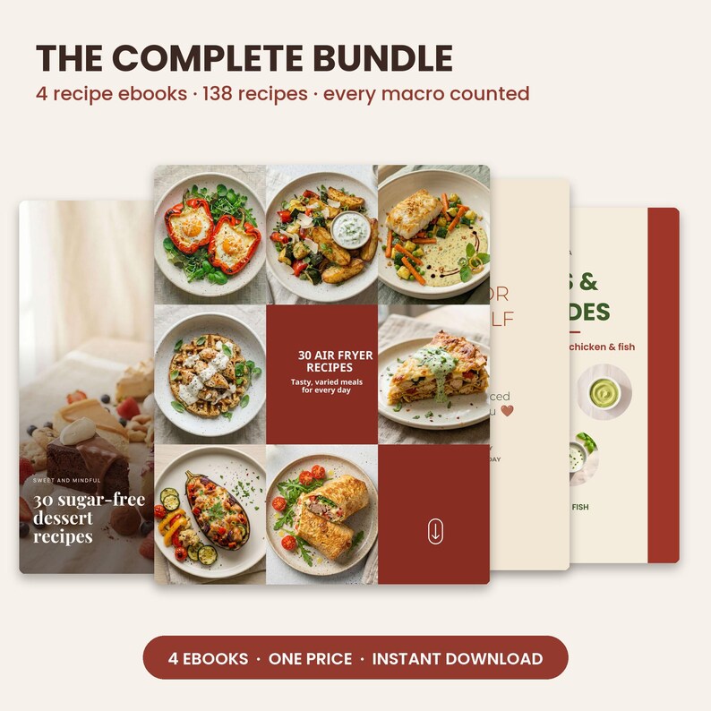 Recipe Ebook Bundle, 138 Healthy Recipes with Macros, Air Fryer Cookbook, Fall Meal Plan, Sugar Free Desserts, Sauces, Digital Download image 2