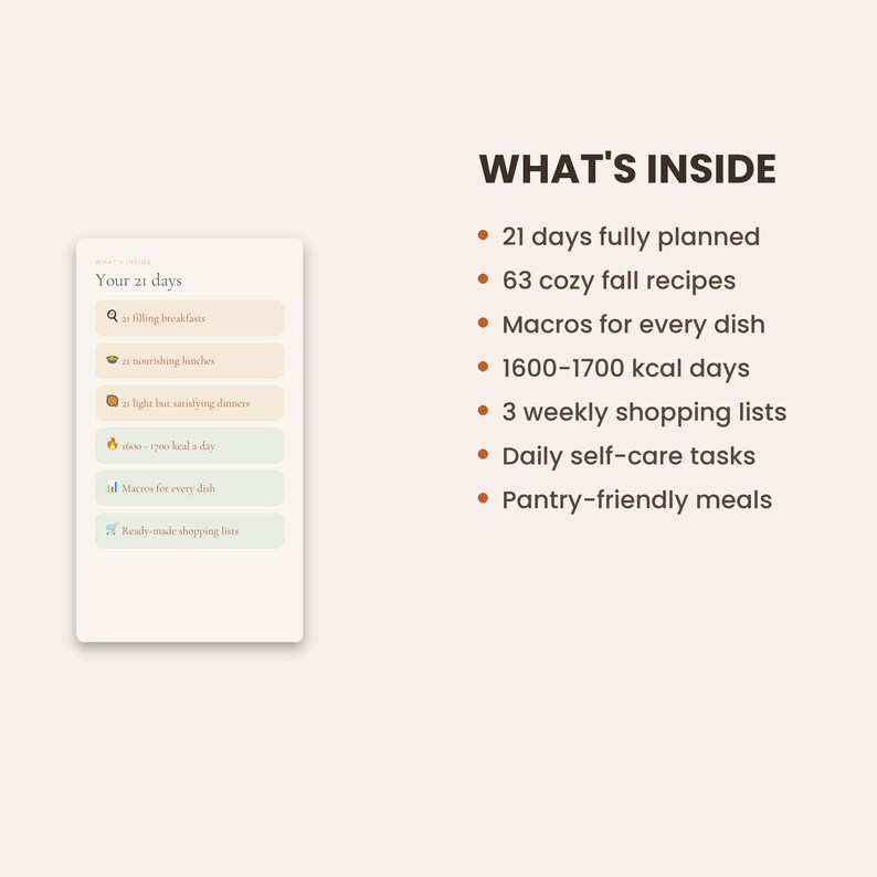 Plan de comidas de otoño de 21 días / Recetas acogedoras de otoño con información nutricional (Descarga digital) imagen 5