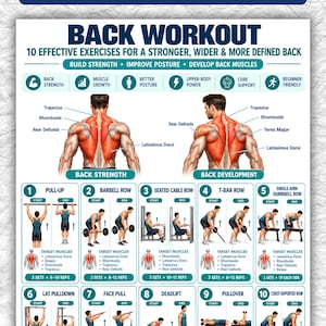 Op de afbeelding: Een fitnessposter getiteld BACK WORKOUT met 10 oefeningen en anatomische illustraties van rugspieren, waaronder de trapezius, rhomboïden en latissimus dorsi, voorzien van stapsgewijze visuele handleidingen voor diverse trainingen.