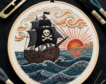 Pirate Ship Sunset Hand Embroidery Kit - Beginner Nautical DIY Craft, Ocean Wall Decor, Mindful Birthday Gift - Self Care Stress Relief