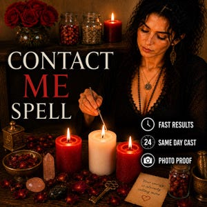 Puede incluir: Una escena oscura con el texto CONTACT ME SPELL, dos velas de pilar rojas, una vela de pilar blanca, un cuenco de pétalos rojos, una llave dorada y una nota que dice Your energy is already calling mine. Los iconos indican resultados rápidos, 24 horas y prueba fotográfica.