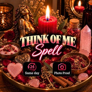Peut inclure: Un ensemble rituel avec une figurine de déesse en bronze, une bougie pilier rouge, des pétales de rose, des cristaux roses en forme de cœur, une clé en métal et des bâtons de cannelle. Texte : THINK OF ME Spell, 24 HOURS Same day, Photo Proof.