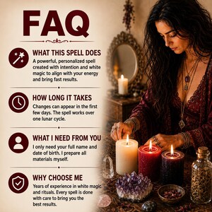 Pode incluir: Um gr&aacute;fico informativo intitulado FAQ com texto em vermelho escuro sobre um fundo claro. Lista quatro se&ccedil;&otilde;es: What This Spell Does, How Long It Takes, What I Need From You e Why Choose Me, cada uma acompanhada por um &iacute;cone circular.
