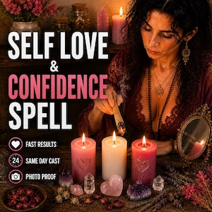May include: A promotional graphic for a self love and confidence spell featuring three pillar candles in pink, white, and dark pink, each with a heart design. The image includes text, crystals, dried flowers, and a small mirror on a wooden surface.