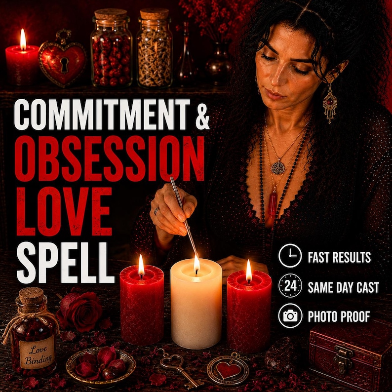 Pode incluir: Tr&ecirc;s velas de pilar, duas vermelhas e uma branca, sobre uma superf&iacute;cie escura. O texto diz: COMMITMENT & OBSESSION LOVE SPELL, FAST RESULTS, 24 SAME DAY CAST, PHOTO PROOF. Frascos de vidro, um cadeado em forma de cora&ccedil;&atilde;o e uma chave.