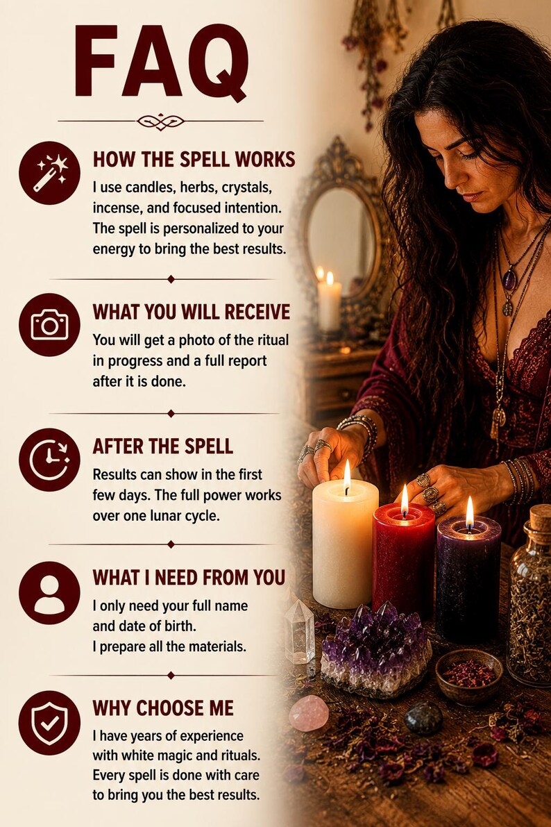 Pode incluir: Uma infografia de FAQ com texto vermelho escuro num fundo creme. Lista as sec&ccedil;&otilde;es: How the Spell Works, What You Will Receive, After the Spell, What I Need From You e Why Choose Me, acompanhadas por &iacute;cones e texto descritivo.