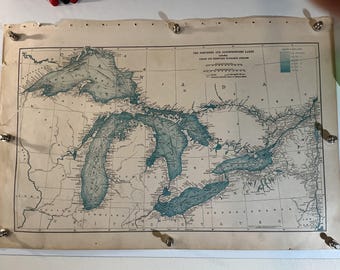 Vintage Great Lakes Map Plate – “Northern & Northwestern Lakes” – Nautical Cartography Wall Art – Mid‑Century Regional Map Plate