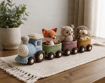 May include: A crochet toy train set featuring a light blue engine followed by three small carriages. Each carriage holds a stuffed animal: an orange fox, a beige owl, and a brown hedgehog. The train and animals are crafted with yarn.