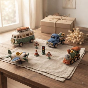 Könnte beinhalten: Eine Sammlung gehäkelter Spielzeuge, bestehend aus einem grün-weißen Van mit Dachgepäckträger, einem blauen Pickup mit Sonnenblumen, einem beige-blauen Flugzeug, einem grün-orangen Zug, einer Ampel, einem Verkehrskegel und zwei Warnschildern.