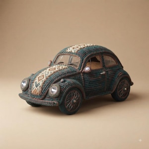 May include: A dark teal crocheted model of a classic beetle car featuring intricate geometric patterns in beige and brown along the hood and roof, with circular headlights, detailed wheel spokes, and a textured yarn surface throughout the body.