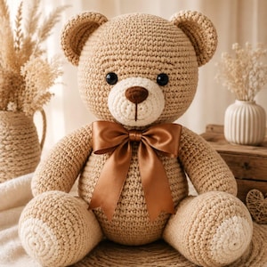 May include: A crocheted teddy bear made of light tan yarn with a cream-coloured muzzle, dark brown embroidered nose, and black plastic eyes. The bear features a large, shiny, satin-finish copper-coloured ribbon bow tied around its neck.