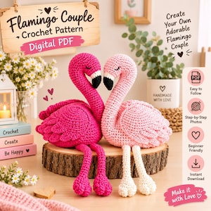 Puede incluir: Un patrón de ganchillo en PDF digital para una pareja de flamencos. La imagen muestra dos flamencos tejidos, uno en rosa brillante y otro en rosa claro, con picos negros y ojos cerrados. El texto incluye Flamingo Couple Crochet Pattern y Digital PDF.