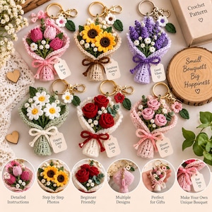May include: Six crochet flower bouquet keychains featuring tulips, sunflowers, lavender, daisies, and roses in various colours. Each keychain includes a metal ring, a small flower charm, and a white tag with text like For You and Sunshine Always.