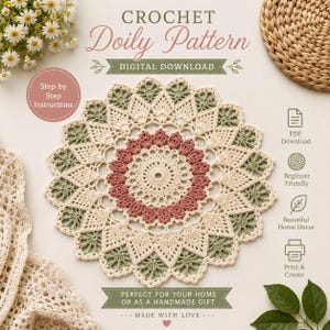 Op de afbeelding: Een digitaal haakpatroon voor een kleedje met een crèmekleurige middencirkel, een ring van oudroze bloemblaadjes en een buitenrand van crèmekleurige en saliegroene bladmotieven. De tekst luidt CROCHET Doily Pattern DIGITAL DOWNLOAD.