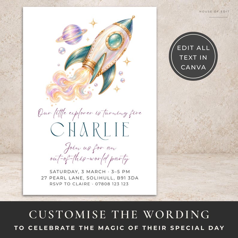 Apple Rocketship Space Birthday Invitation, Editable Rocket Ship Party Template - Etsy
