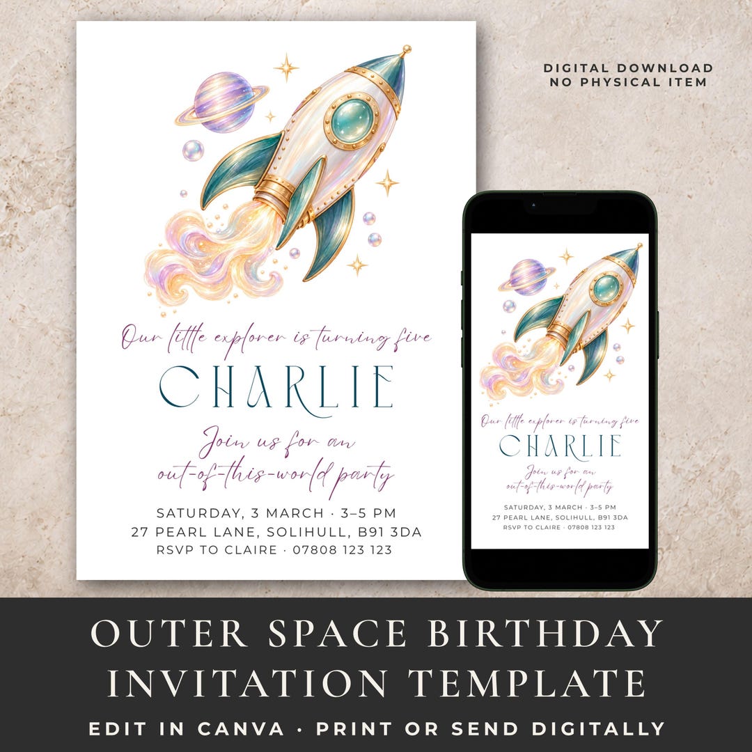 Apple Rocketship Space Birthday Invitation, Editable Rocket Ship Party Template - Etsy