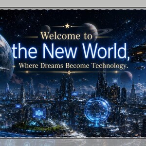 Può includere: Un paesaggio urbano futuristico sotto un cielo stellato con pianeti, che mostra il testo Welcome to the New World, Where Dreams Become Technology. La scena include strutture blu luminose, astronavi avanzate e display digitali.