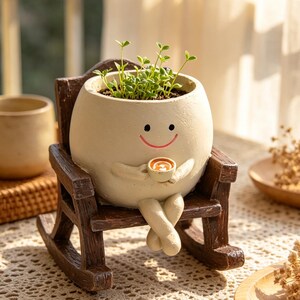 Pot de fleurs succulent en forme de fauteuil à bascule souriant – Pot de fleurs en résine peint à la main (16 cm)