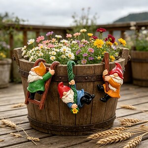 Könnte beinhalten: Ein hölzerner Fass-Pflanzkübel gefüllt mit bunten Gänseblümchen und Wildblumen, verziert mit drei dekorativen Gartenzwergen am Rand. Ein Zwerg klettert auf einer Leiter, einer hängt an einem grünen Seil und einer hält sich an einem vertikalen Holzpfosten fest.