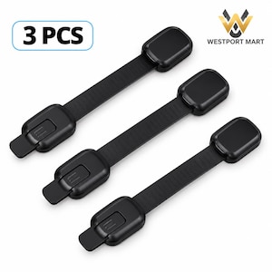 Peut inclure: Un ensemble de trois sangles de sécurité noires réglables avec des mécanismes de verrouillage rectangulaires à chaque extrémité. Chaque sangle comporte un composant coulissant central et un bouton de déverrouillage. Le texte 3 PCS et le logo WESTPORT MART sont visibles.